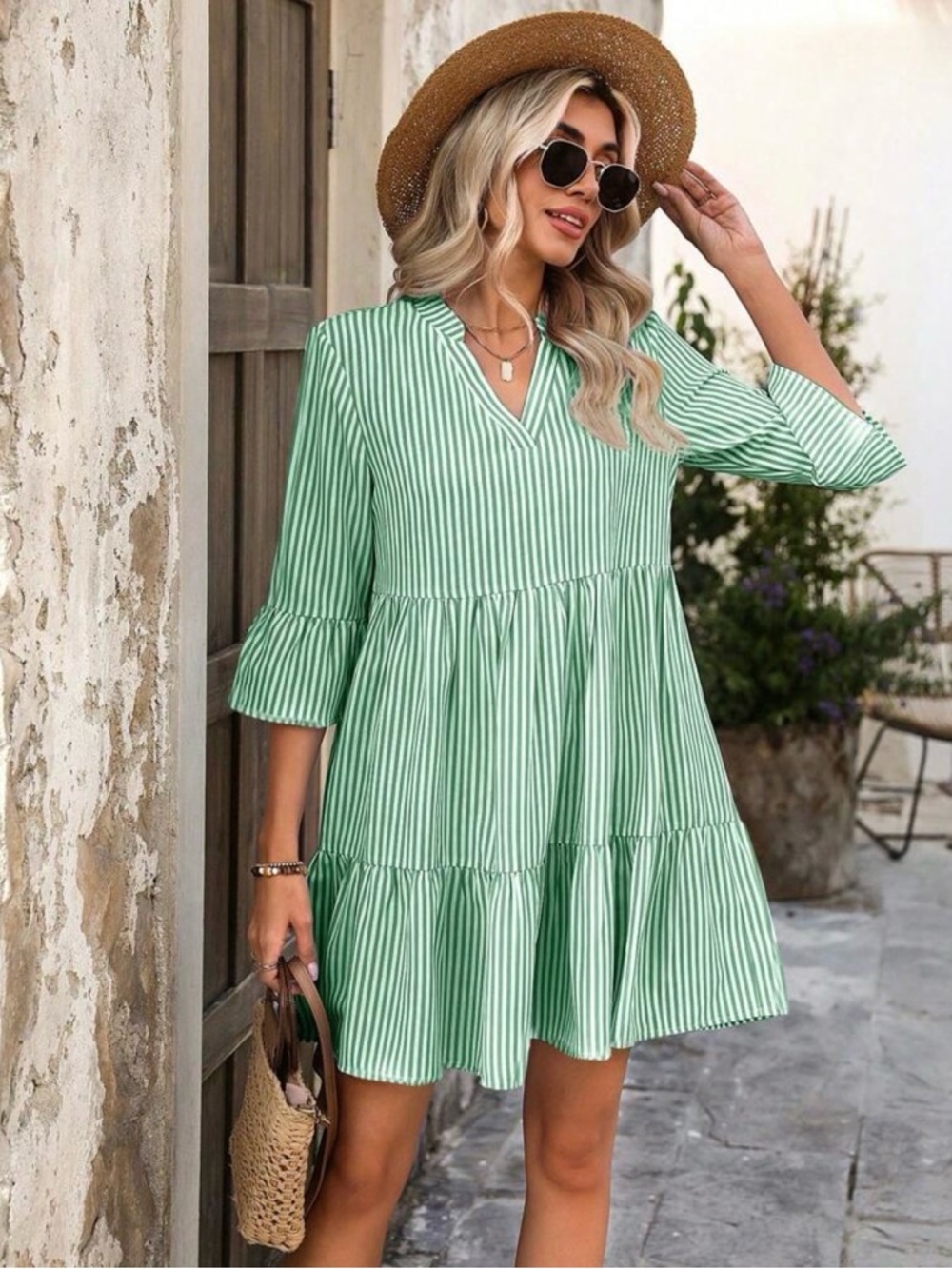Striped Notched V-Neck Dress Green White L Ruffled Hem Loose Feminine